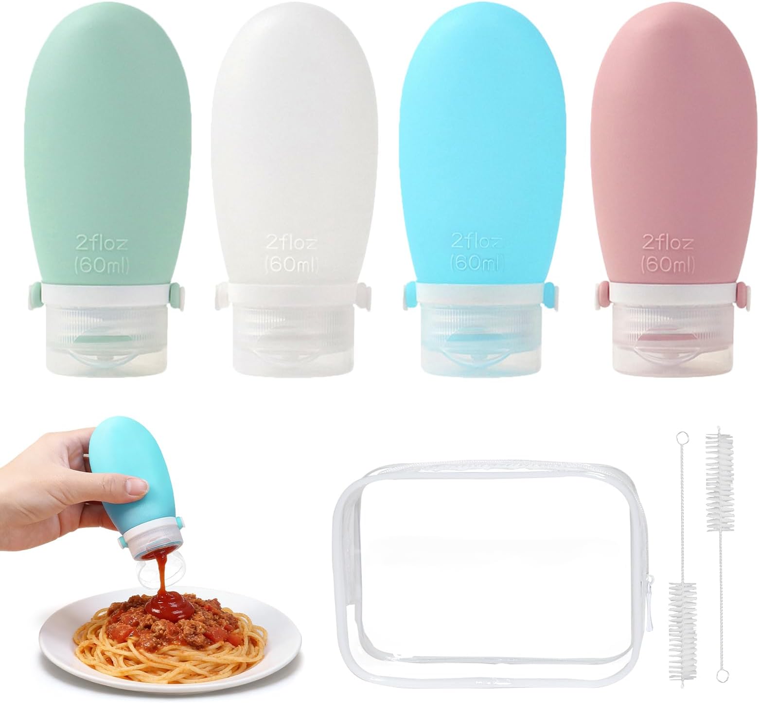 – 4 Pack Silicone Condiment Squeeze Bottles, 60ml Leak Proof Refillable Ketchup Bottles Set with 2 Cleaning Brushes, Squeeze Containers for Salad Oil Honey Sauce Ketchup Syrup