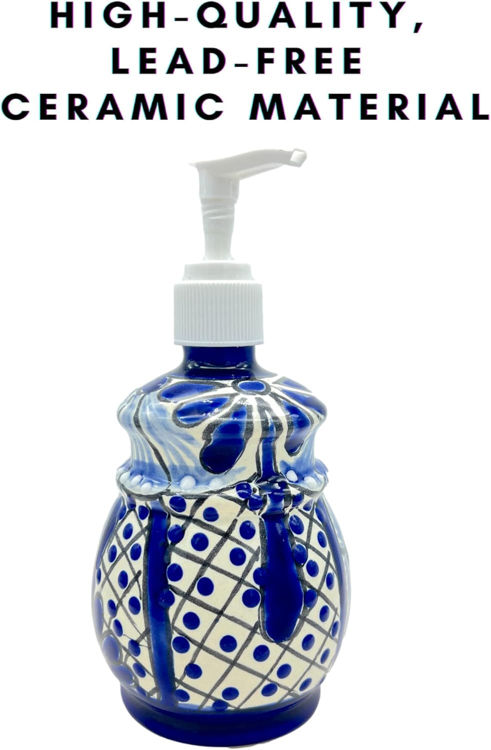 Blue and White Talavera Ceramic Soap Dispenser Lotion Bottle with Pump, for Kitchen or Bathroom Countertops - Hand Painted Mexican Pottery - Mexican Bell Shaped Jabonera Campana Azul