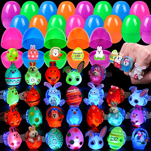 FLY2SKY Easter Eggs, 25P Easter Eggs + 25 LED Light Up Rings 3D Easter Basket Stuffers Glow In the Dark Easter Egg Fillers Easter Party Favors Easter toys Gift Easter Hunt for Kids Girls Boys