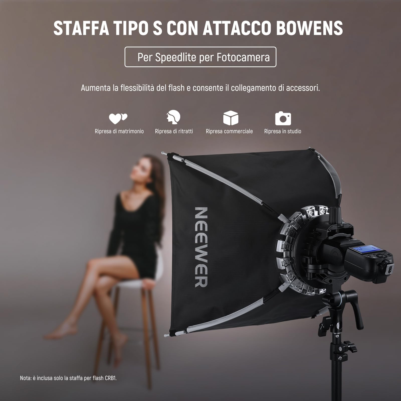 NEEWER CRB1 Supporto a Staffa Tipo S con Attacco Bowens e Foro per Ombrello per Flash Speedlite a Testa Quadrata/Rotonda Z2 Z1 Z760 NW760 NW700 TT560 Q3, Compatibile con Godox AD200Pro V1