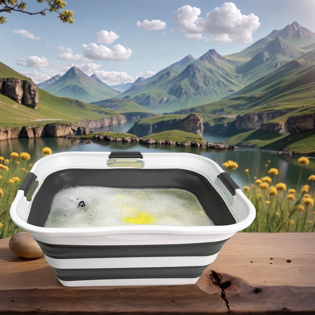 SAMMART Collapsible Plastic Laundry Basket Washing Tub Foldable Pop Up Storage Container-Space Saving/Portable Laundry Hamper. Ideal for Home, Travel, Dorm, and Camping (White/Steel Grey, 42L)