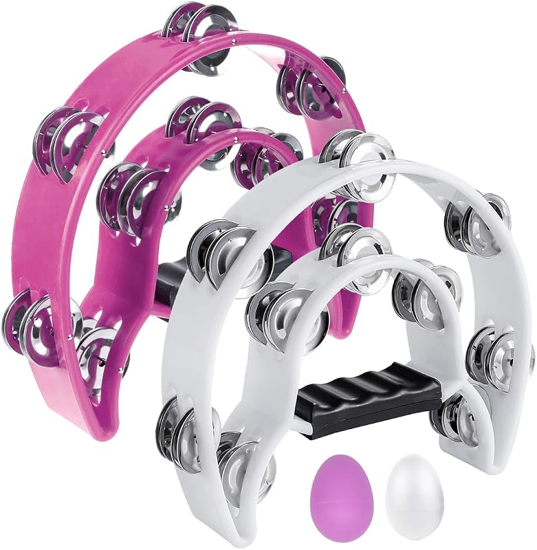 2 Pack 10" Half Moon Musical Tambourine Double Row Metal Jingles Hand Held Percussion Drum Multicolor for Adults, KTV Party with Ergonomic Handle Grip (Pink & White)