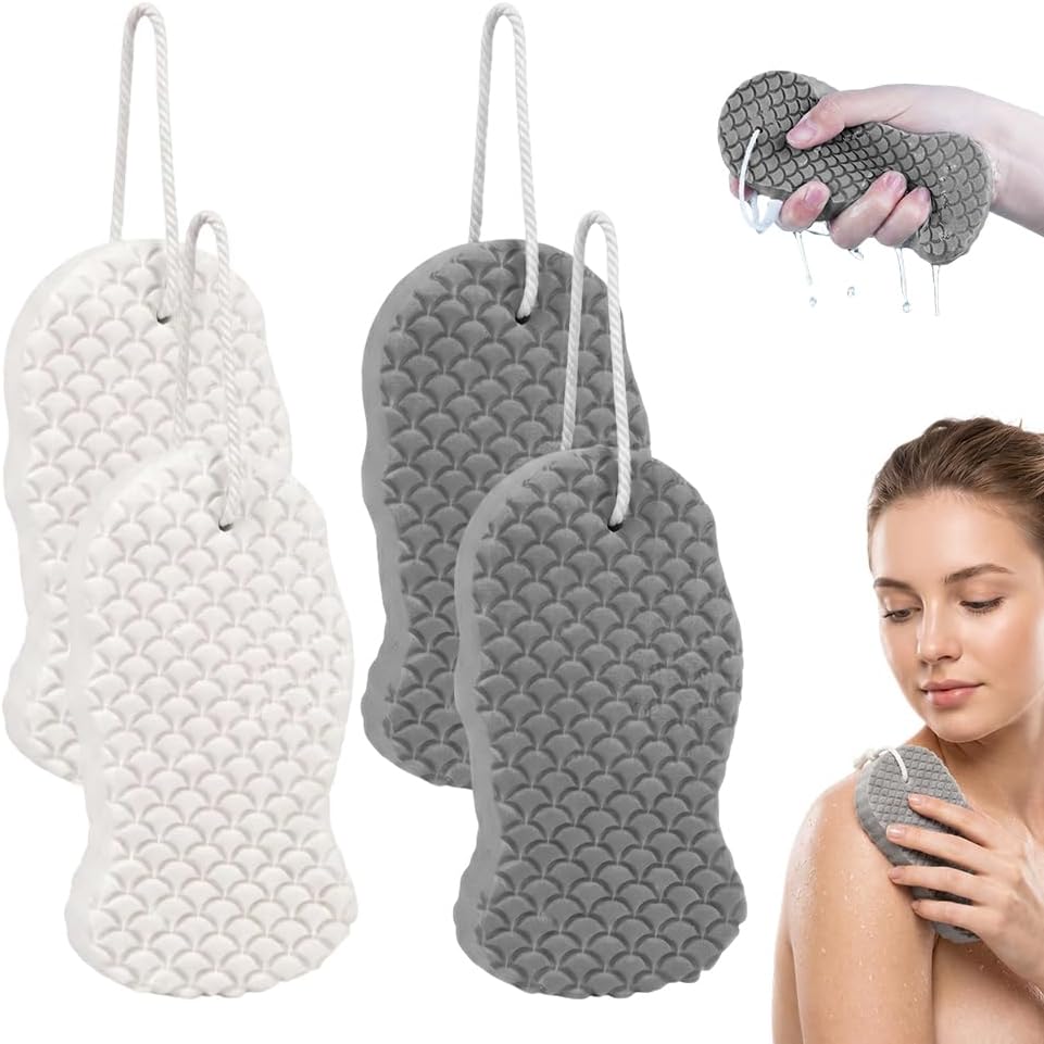 4pcs Exfoliating Bath Sponge – 3D Super Soft Body Scrubber with Lanyard, Deep Cleansing Dead Skin Remover – Reusable & Skin Friendly for All Types, Men & Women (White+Grey)