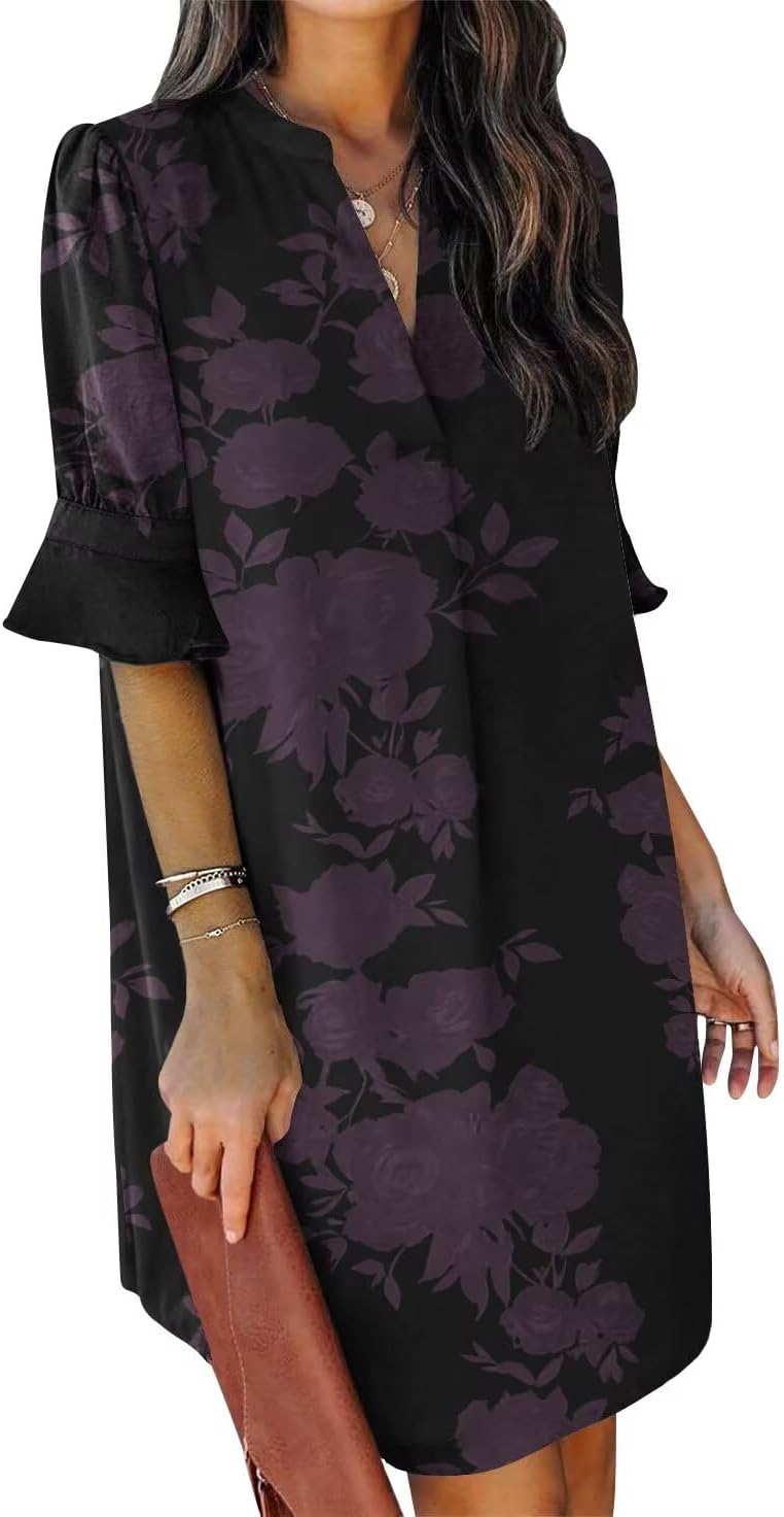 QACOHU Summer Dresses for Women V Neck Ruffle Short Sleeve Casual Shift Dress