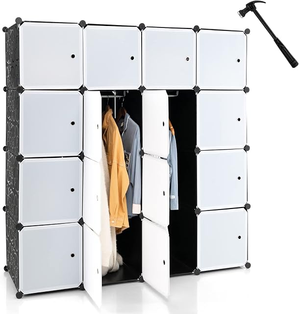 CASART Foldable Closets, Portable 12/16/20/30 Cubes DIY Storage Modular, Space Saving Plastic Storage Organizer for Clothes, Books, Shoes, Toys(16 Cubes with Doors & 2 Hangers, Black+White)