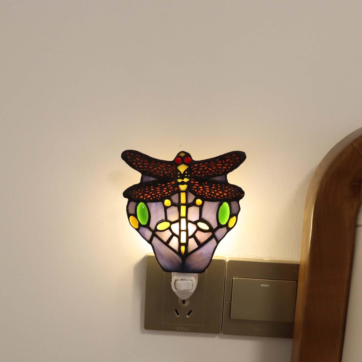 Bieye L10931 Tiffany Style Stained Glass Dragonfly Wall Lamp with Plug-in Night Light Socket for Home Decor (Blue)