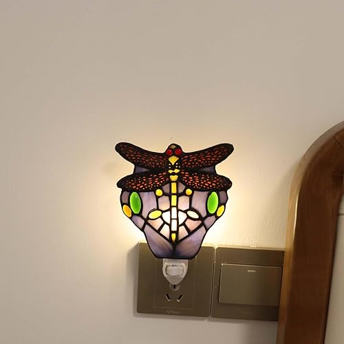 Miniatura 9 de Bieye L11401 Lámpara de pared de libélula de vidrio manchado estilo Tiffany con enchufe de luz nocturna enchufable para decoración del hogar