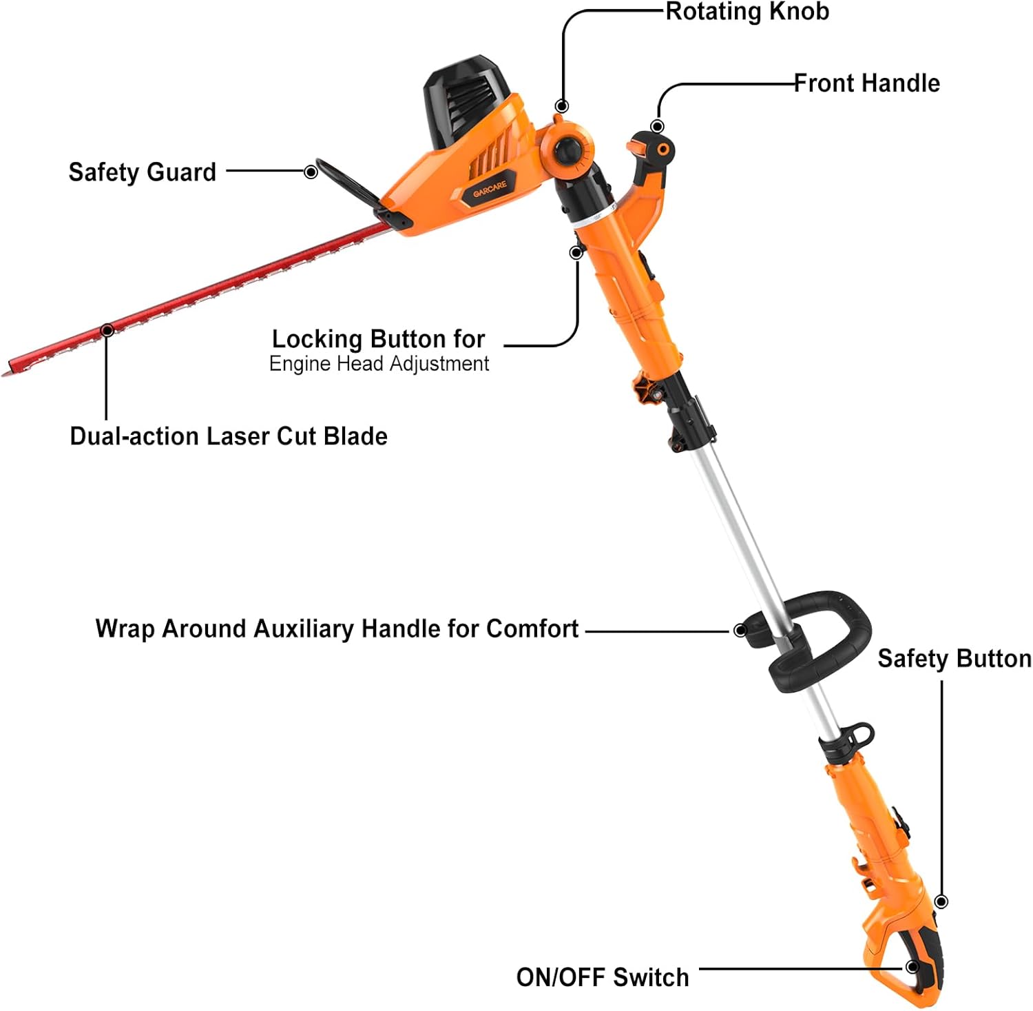 GARCARE 2 in 1 Hedge Trimmer Corded Pole Hedge Trimmer 450mm Blade Length 16mm Cutting Capacity Electric Branch Cutter with Telescopic Aluminium Pole