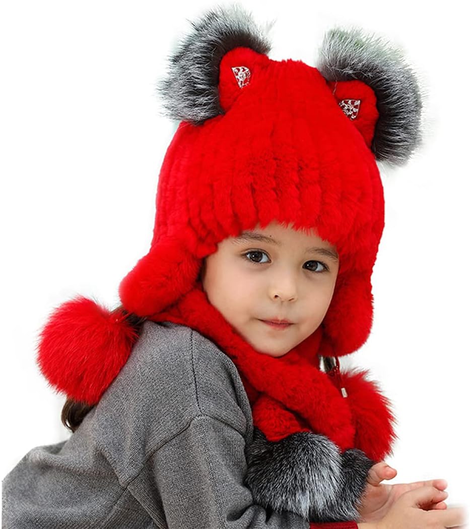 DAISHA Winter Childre's Cute Beanie Hat Scarf Set,Rex Rabbit Fur Neck Warmer Bomber Hat,Christmas and New Year gift.