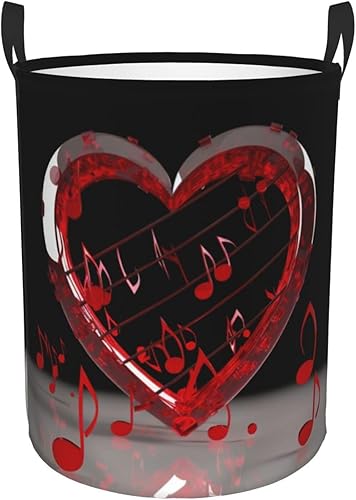 Music Note Heart print Circular Hamper Waterproof Storage Bin Organizer Basket Laundry Hamper With Handles For Clothes Toys Medium