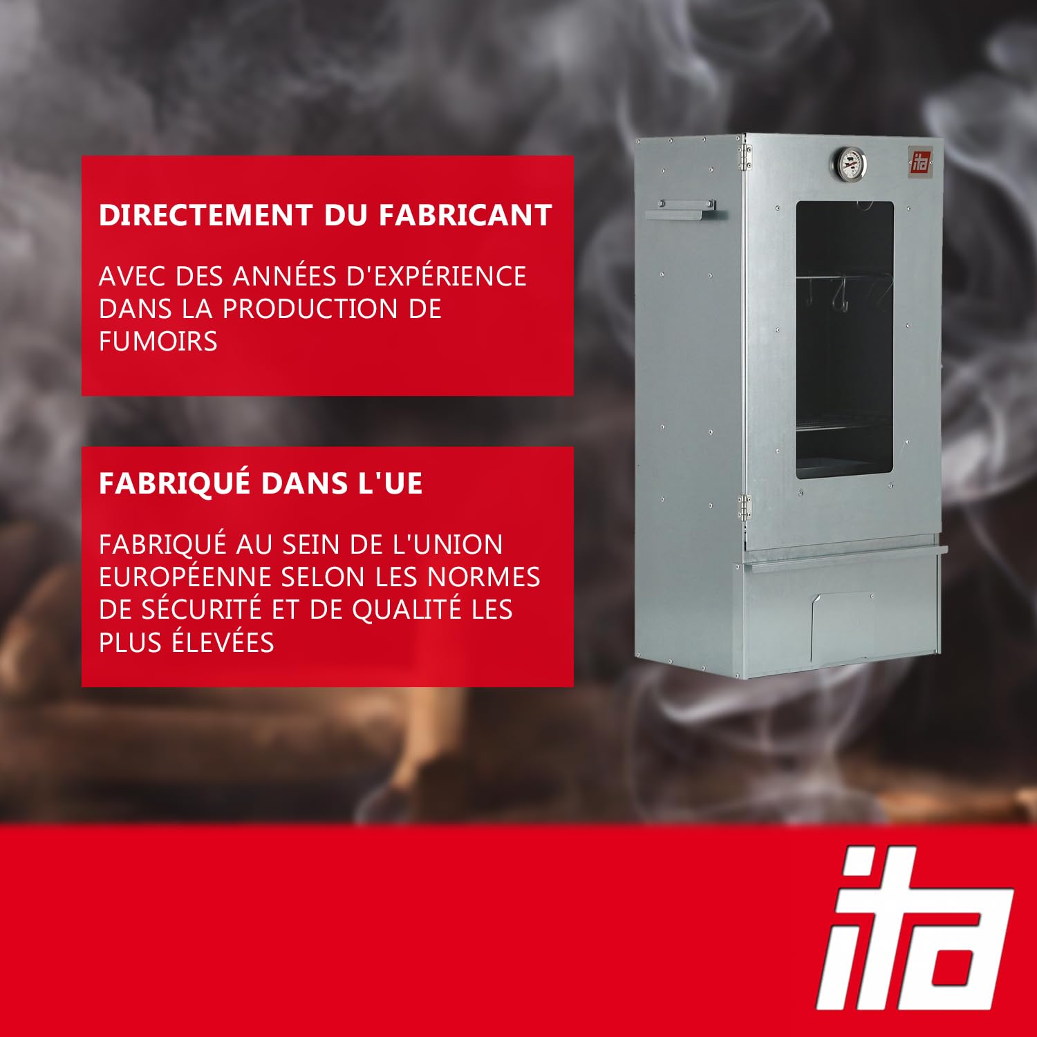 ITA Fumoir 7002 - Smoker Premium - Armoire à fumage avec fenêtre & thermomètre - Acier inoxydable - Qualité UE, Direct fabricant - 81 cm avec 3 niveaux