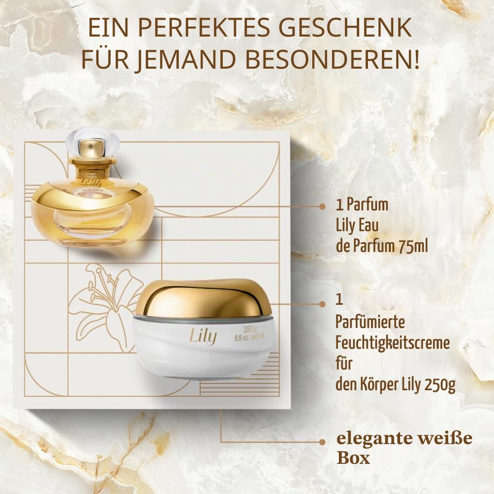 O Boticário Lily Coffret Geschenkset | Parfüm Eau de Parfum (75 ml) und Feuchtigkeitscreme für den Körper (250 g)