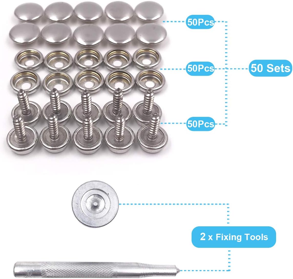 150 Pcs Snaps Fastener Screw Snaps, Heavy Duty Metal Snaps Button for Boat Canvas with 2 Pcs Setting Tool by Seloky, 50 Sets(Marine Grade, 3/8" Socket, 5/8" Screw)