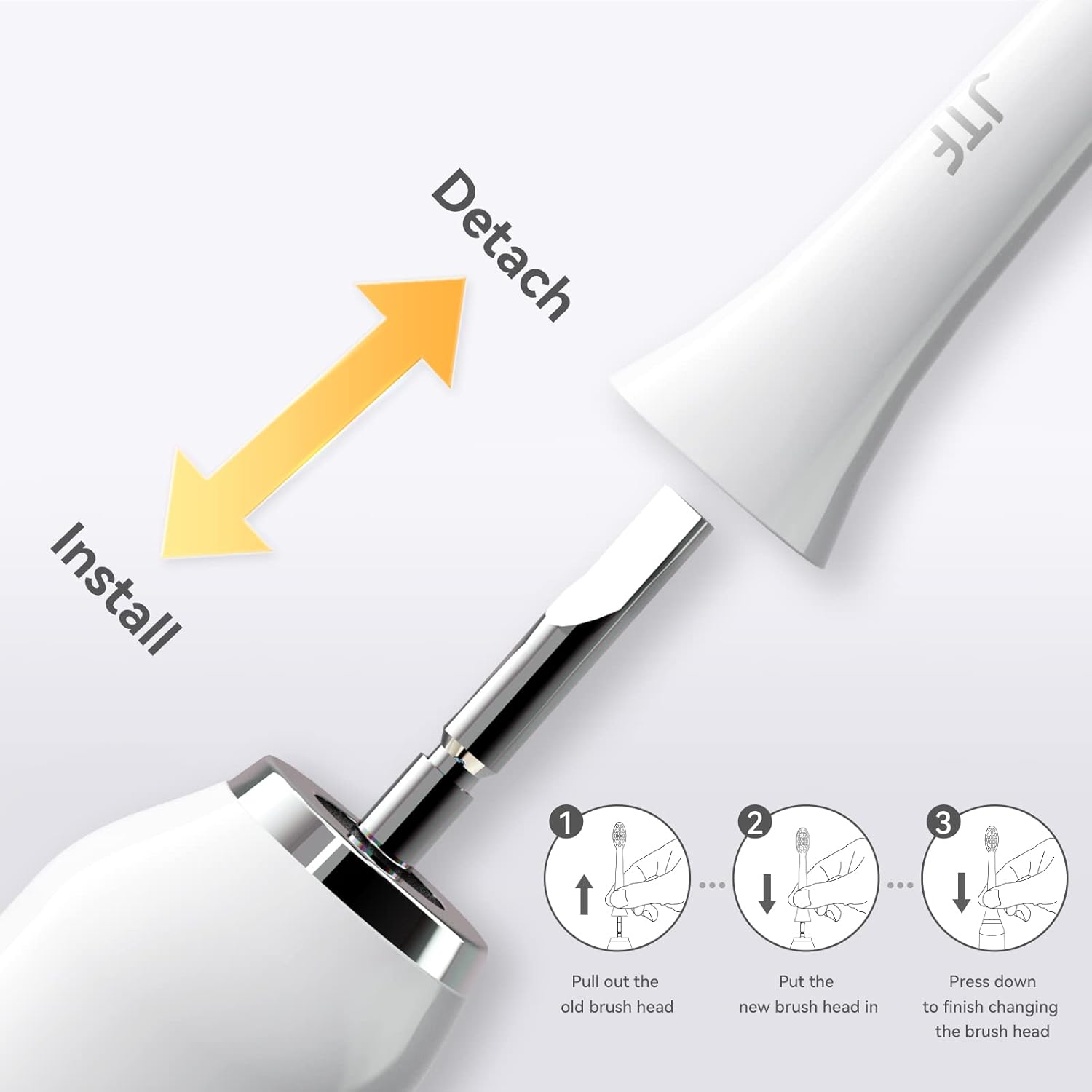 Diagram showing how to detach and install a JTF P200 sonic toothbrush replacement head.