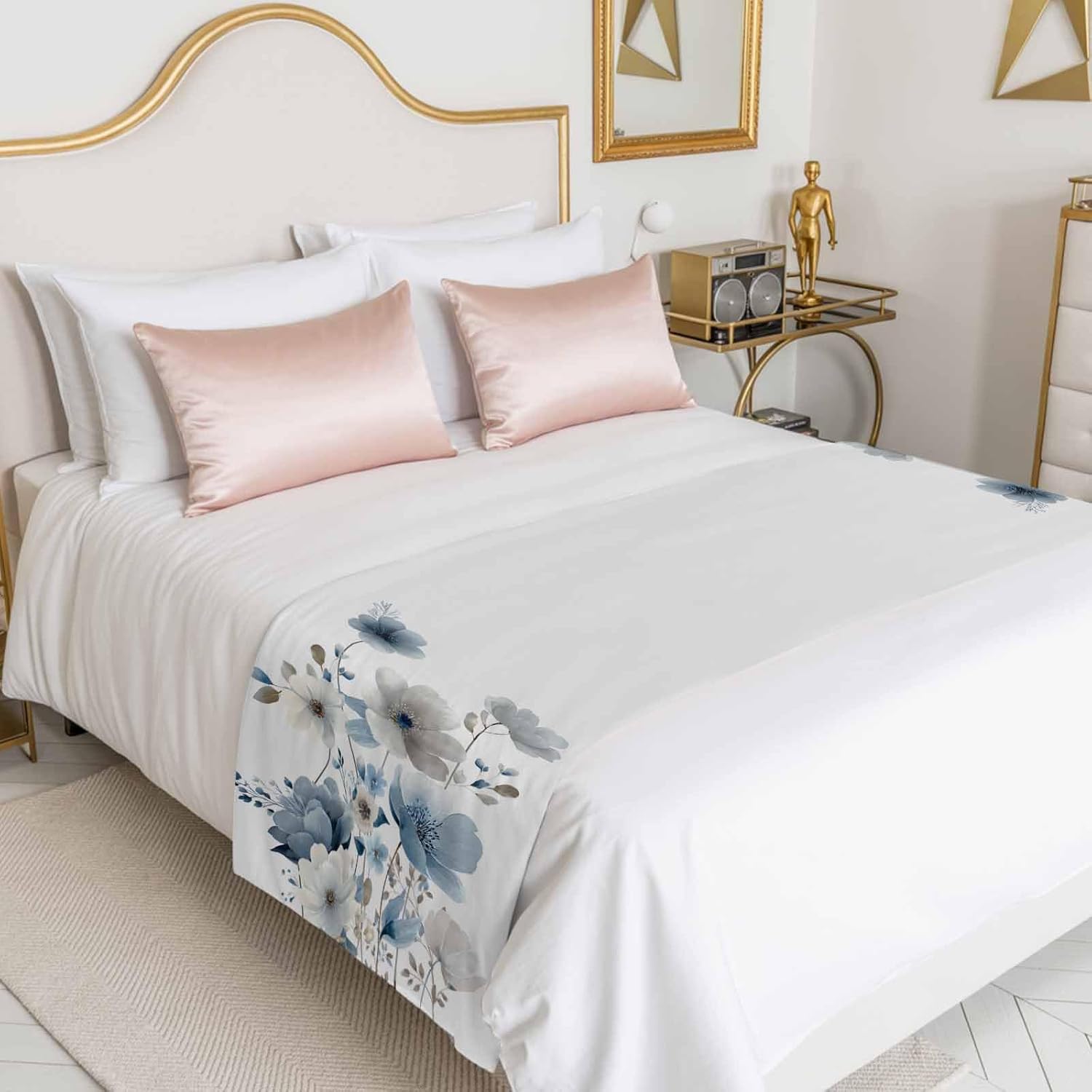 Blue Grey Floral Bed Runner Bedding Decorative Scarf for Fits Cal King Bed, Watercolor Flowers Farmhouse Luxury Fine Print Foot Throw with Satin for Hotels Homes, Guest Rooms, 102" x 20"