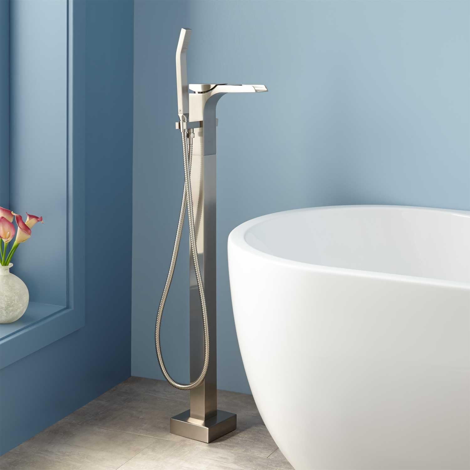 Signature Hardware 406738 Willis Waterfall Floor Mounted Tub Filler- Includes Hand Shower - Brushed Nickel