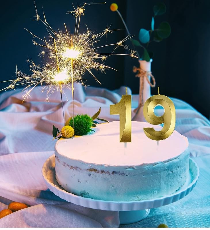 Image of Number Candles3 Inch For Birthday, Wedding, Engagement, Valentines Day Celebration, Bridal Shower, Bachelors Decoration Gold (Numerical No 19 Or 91), Wax, Unscented