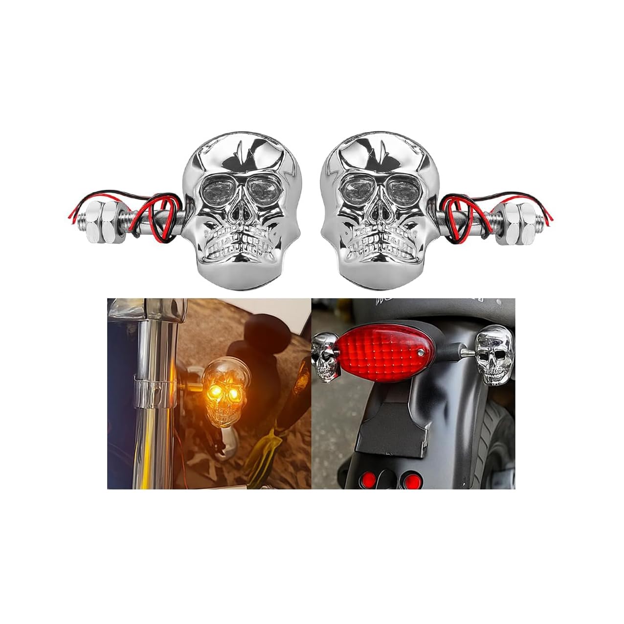 Motorcycle Skull Head LED Amber Turn Signal Lights, 2PCS 11mm Screw Motorbike Front Rear Blinker Indicator Light, Motorbike Turn Signal Lamp Replaces, Universal for Scooter Motocross (Silver)