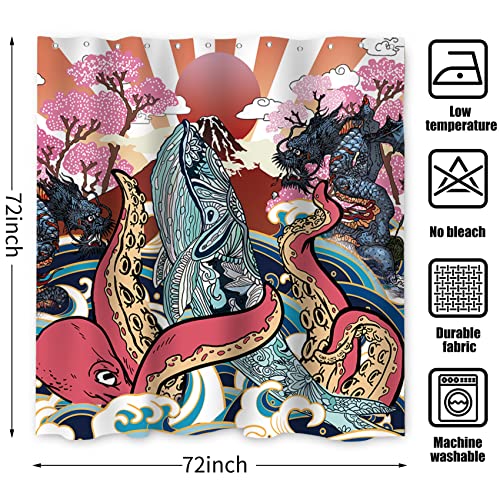 Gkleasg Octopus Shower Curtain, Wave Whale Ocean Red Sun Asian Machine Washable Waterproof Fabric For Bathroom Bathtub Decor With Hooks 72X72 #TOP6