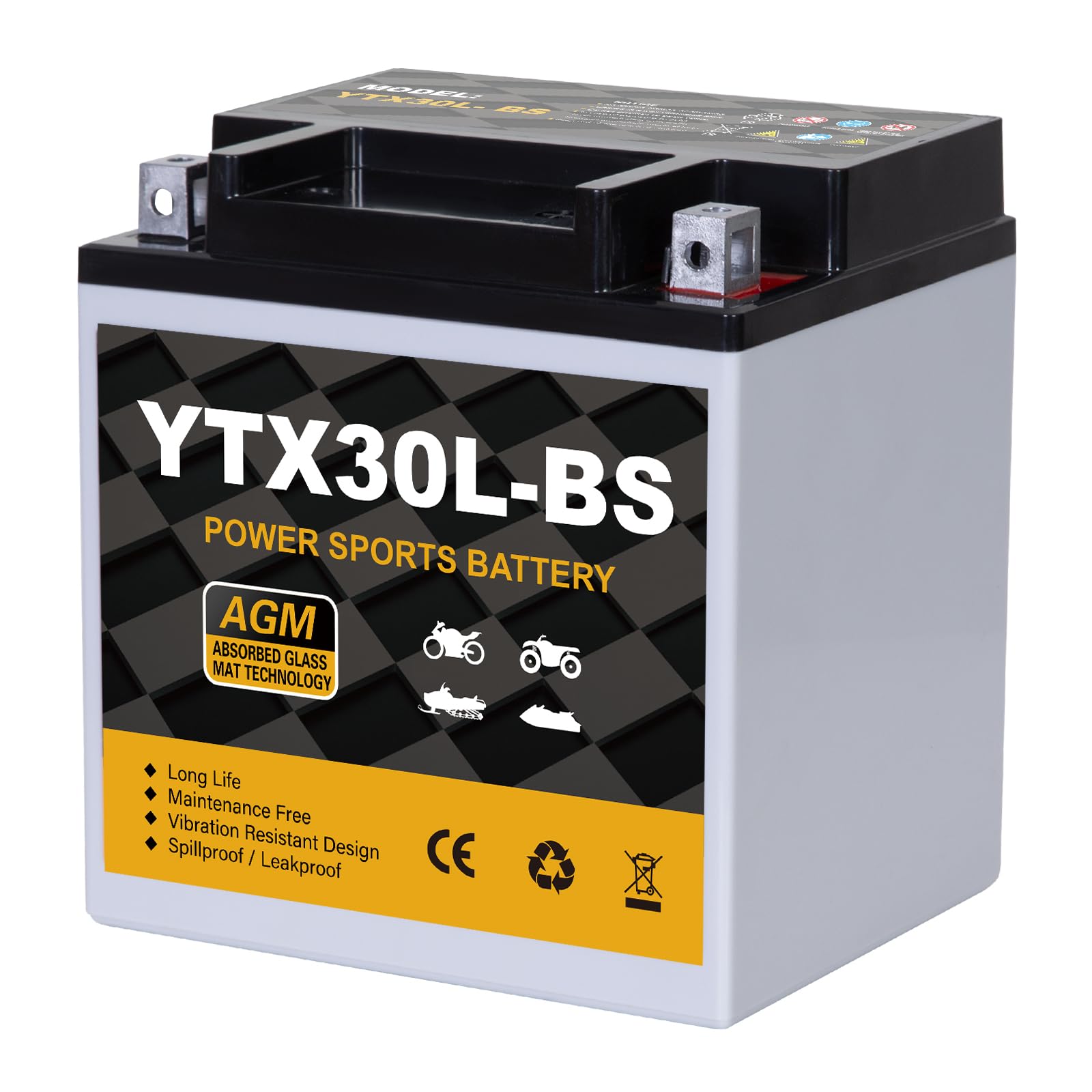 YTX30L-BS Motorcycle Battery 12V 30Ah 400CCA, Maintenance Free Sealed AGM Powersport Battery, Replacement for ATV UTV Harley, YTX30L-BS / ETX30LA / YIX30L