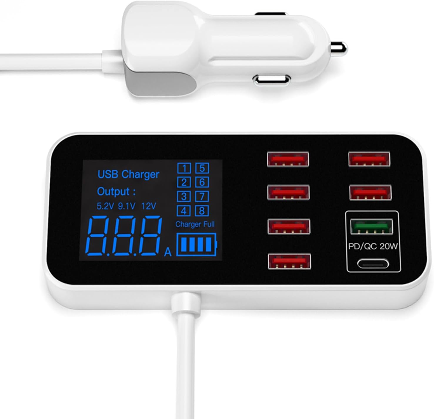 A9S+ 8-Port USB Car Fast Car LCD Display Ultra-Thin USB Hub for Phone Tablets DVR