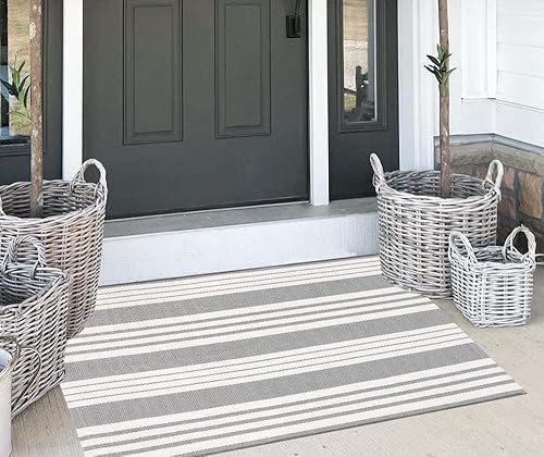 Miniatura 5 de BUAGETUP Tapete en capas gris y blanco, 27.5 x 43.3 pulgadas, a rayas, para exteriores, de algodón, tejido a mano, para interiores y exteriores,