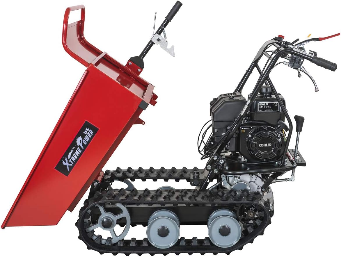 XtremepowerUS All-Terrain Track Barrow with hopper raised for dumping.