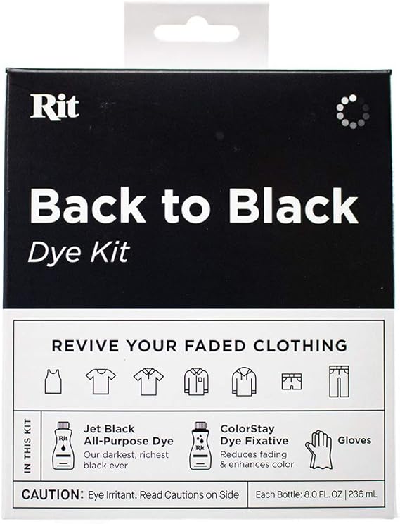 تشتمل مجموعة Rit Dye Back to Black على صبغة Jet Black لجميع الأغراض، ومثبت صبغة ColorStay، وقفازات لاستعادة الأقمشة الباهتة