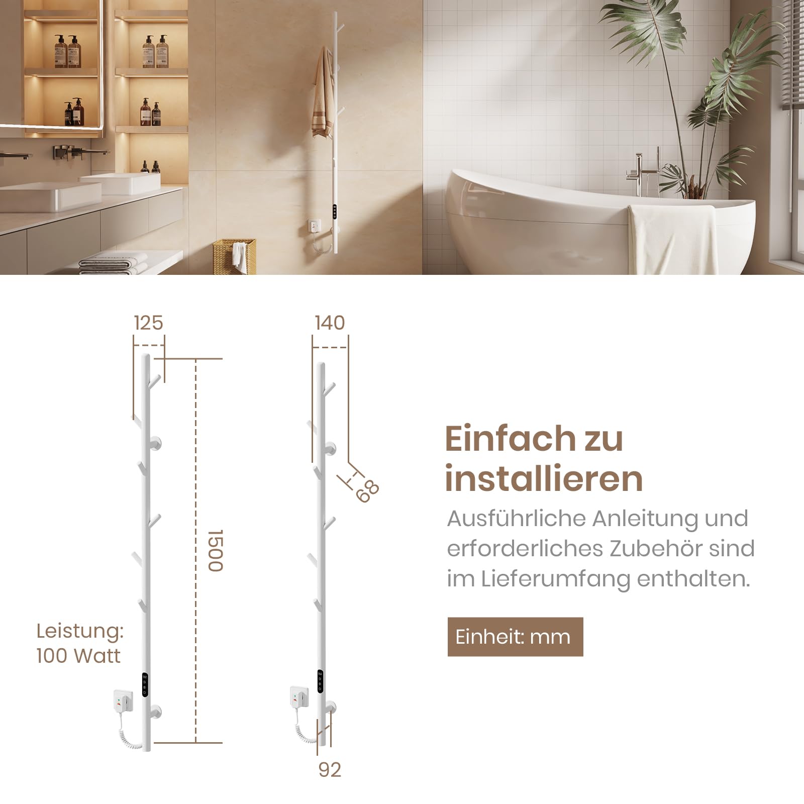 EMKE Scaldasalviette Elettrico da bagno, termostato intelligente WiFi, scaldasalviette elettrico a barra singola, 150 cm di altezza, Bianco