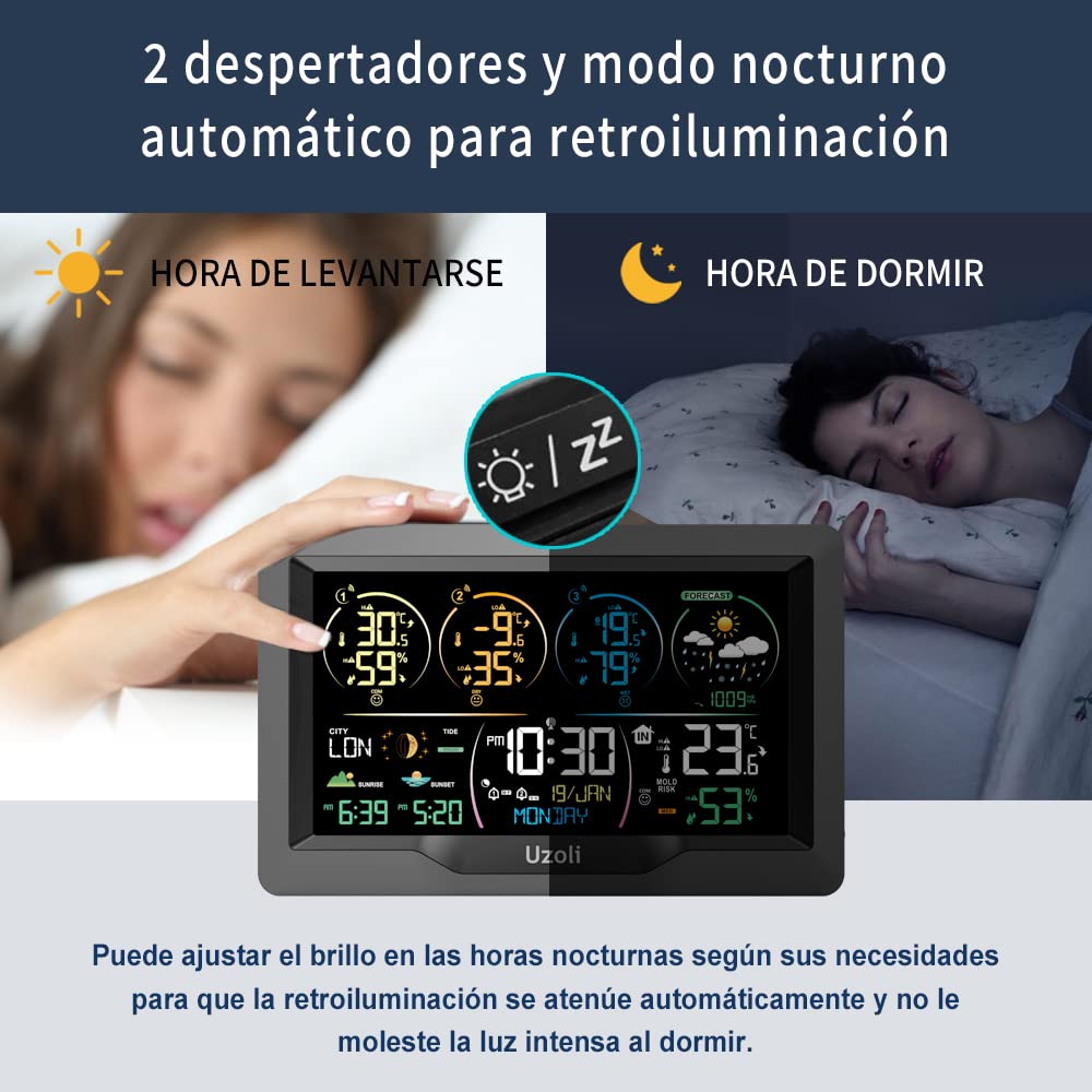 Uzoli EM3390 Estación meteorológica inalámbrica con 3 sensores, Reloj DCF | Termómetro-higrómetro, Alarmas, Previsión meteorológica, Presión atmosférica, Riesgo de moho, Amanecer, Fase lunar, Mareas