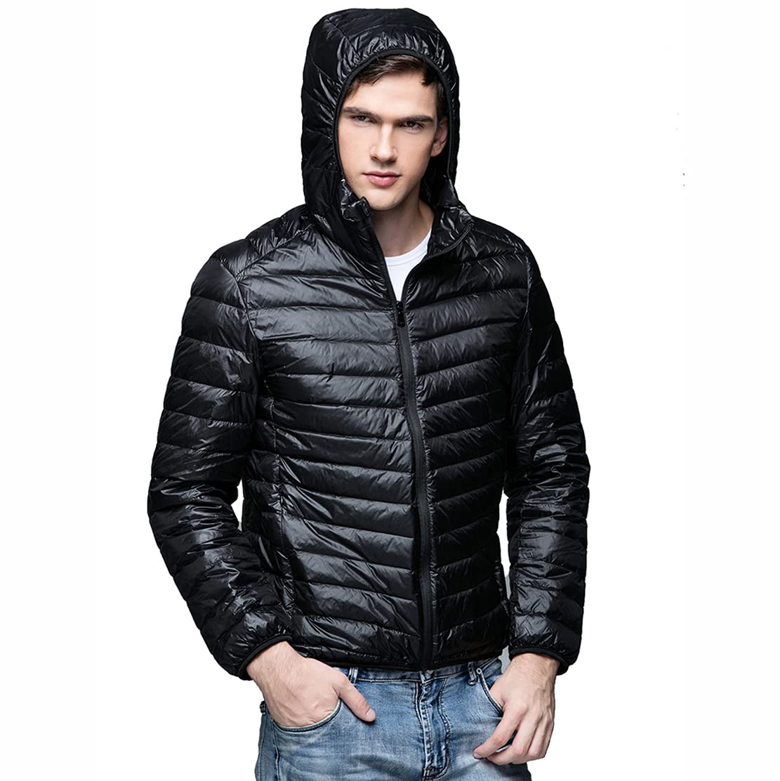 Hwalleum Winter Long Sleeves Hooded Down Jacket, Light Weight, Warm Winter Jacket, Windproof, Breathable, Packable