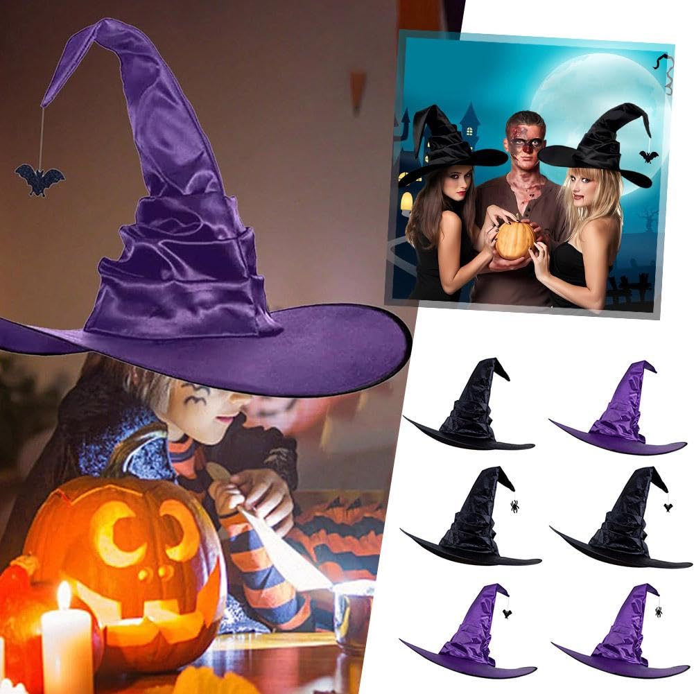 Costume Sorcière Halloween - Chapeau à Bord Large 45 Cm Avec Araignée, Gants Longs & Collier - Lot Complet