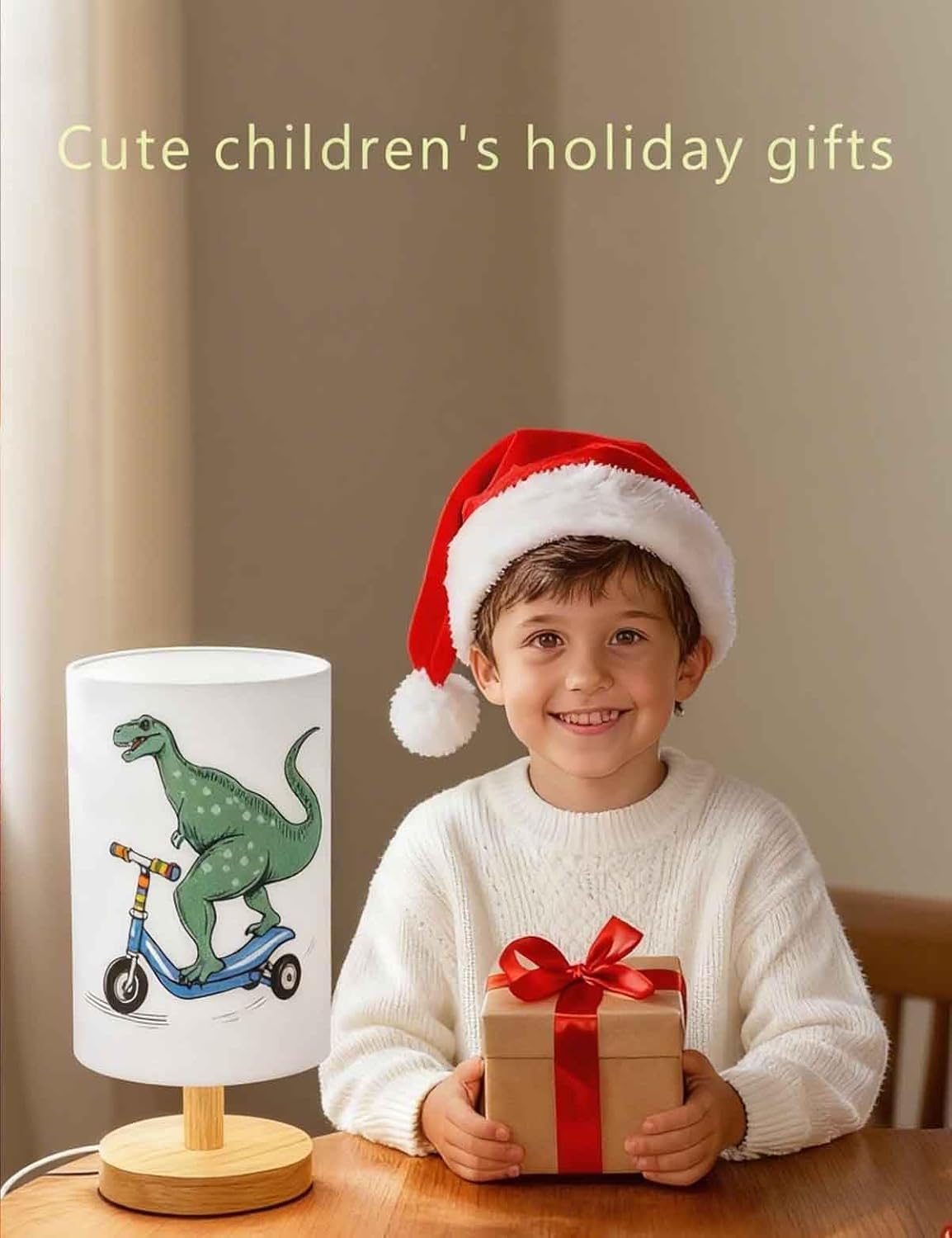 Dinosaur Lamp, Dinosaur Decor Boys Room, 3 Color Night Light Wood Nightstand Desk Base Flaxen Fabric Shade for Bedroom Living Room, Dino Lovers Gifts, LED Bulb Included (Blue Dinosaur)