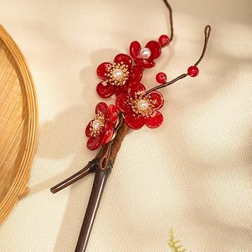 Red Camellia Flower Pearl Tassels Hairpin Chinese Hanfu Style Hair Fork Retro Flower with Metal Handmade Hair Clip Hair Accessories for Women Girls Long Hair Plum blossom