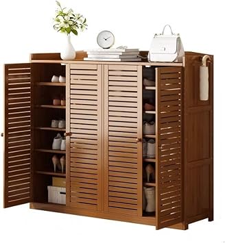 Bamboo Shoe Cabinet, 7-Tier Rustic Large Capacity Shoe Rack, with Doors Household Storage Shoe Shelf, Multi-functional Free Standing Shoe Stand for Entrance, Hallway, Balcony