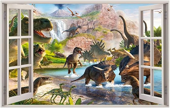 3D Watercolour Dinosaur World Fake Windows Wall Sticker,Peel and Stick Removable Decals for Nursery Bedroom Playroom Living Room Decoration27.55"x17.32"