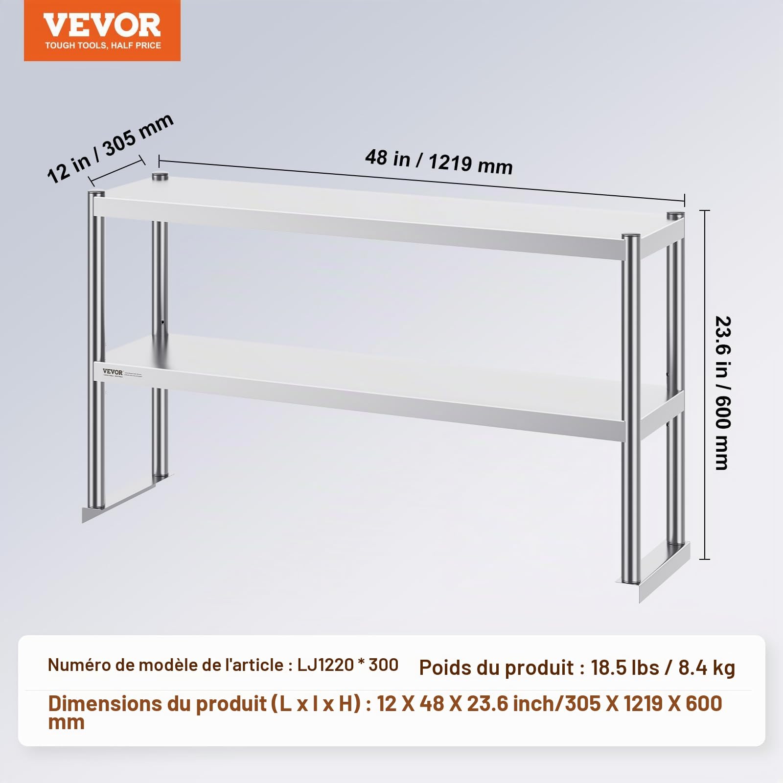 VEVOR Table de Travail en Acier Inoxydable, Étagère à Deux Niveaux 30,5 x 121,9 x 60 cm, Table de Préparation des Aliments à Hauteur Réglable, pour Cuisine, Restaurant et Atelier