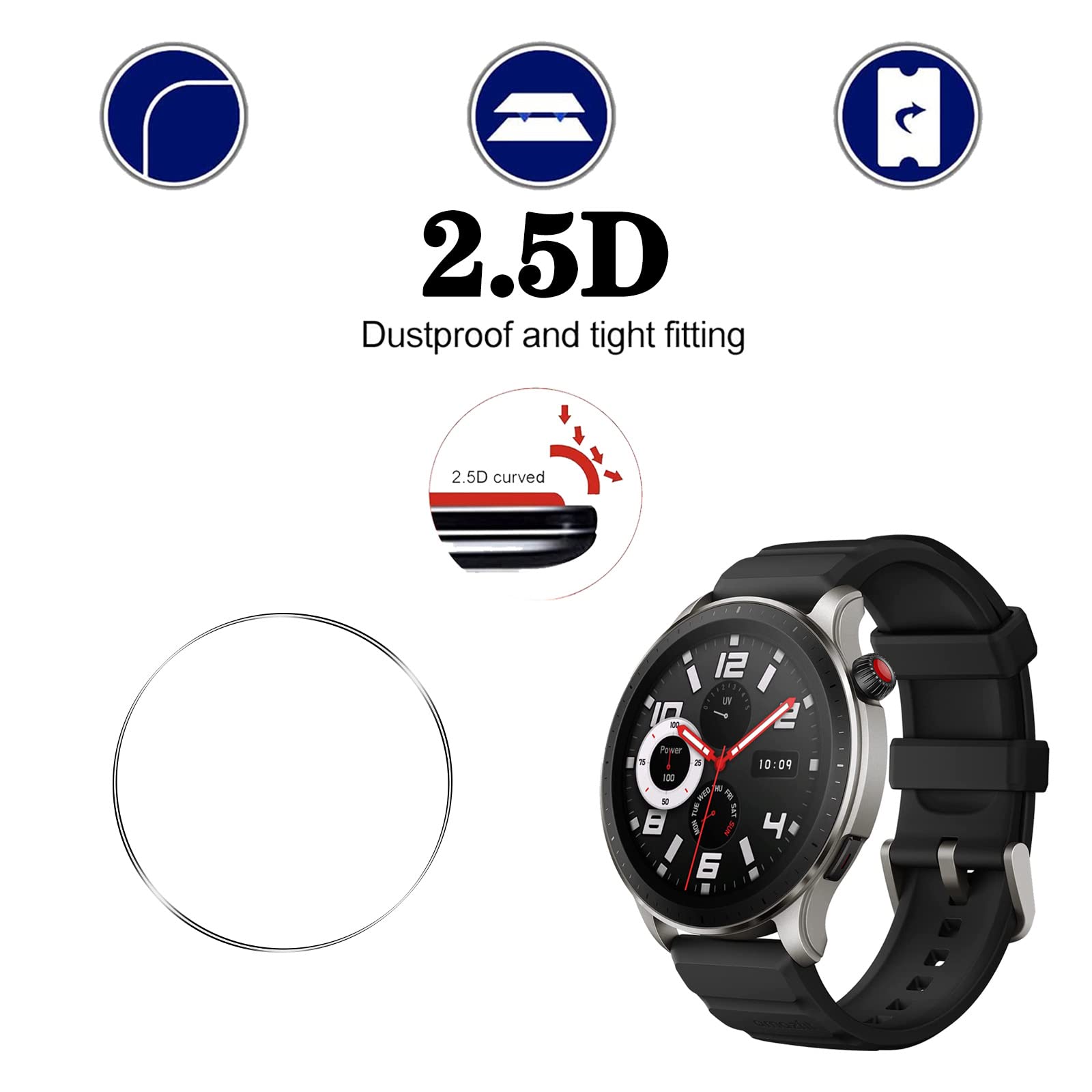 3 Pellicole Protettive In Vetro Temperato 9H Per Amazfit GTR 4 - Antigraffio, Trasparente, Facile Installazione