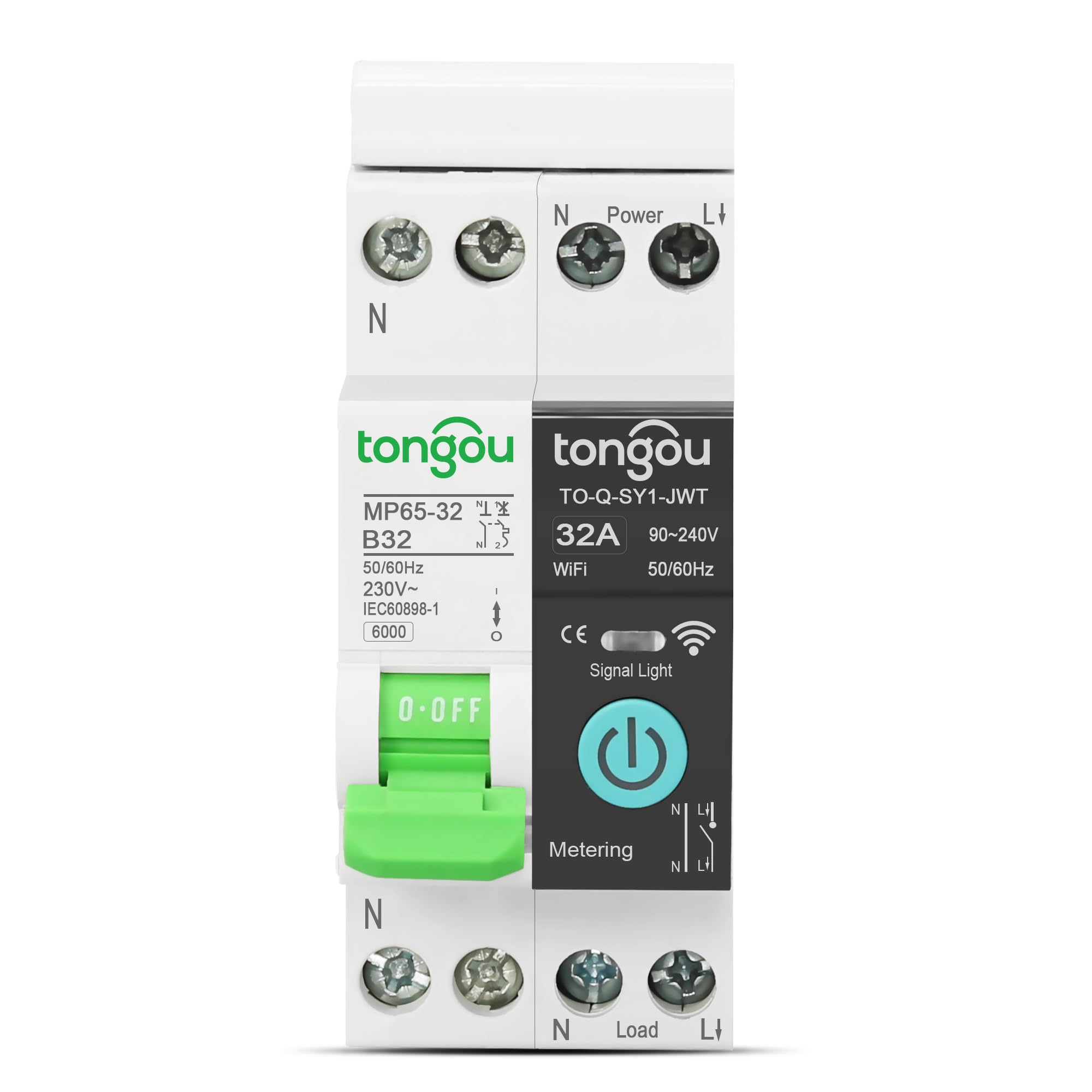 TONGOU Disjoncteur wifi Commutateur- 32A | 1 Phase Compteur d'Énergie rail din wi-fi |Intelligent Disjoncteur Type de Relais interrupteur connecté avec wattmètre | Telerupteur wifi smart life Tuya