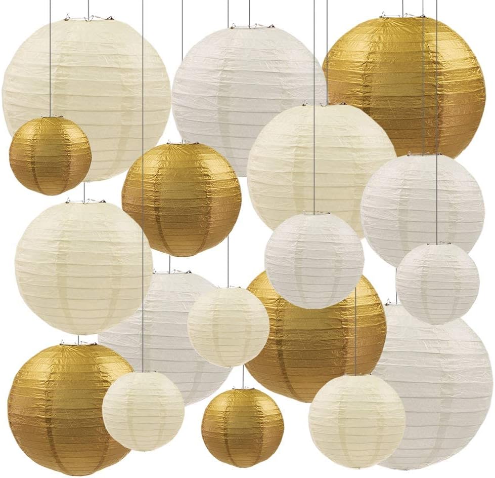 UNIQOOO Assorted Metallic Gold & White Paper Lantern Wedding Party Decoration Set Bundle