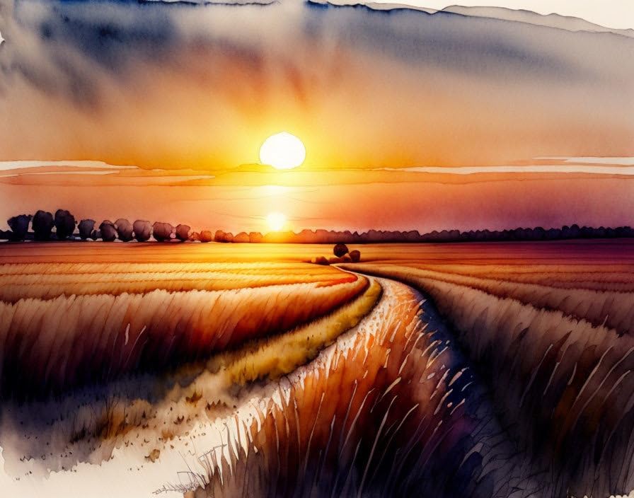Coucher de soleil aquarelle sur affiches sur toile pour réchauffer un mur blanc et vide