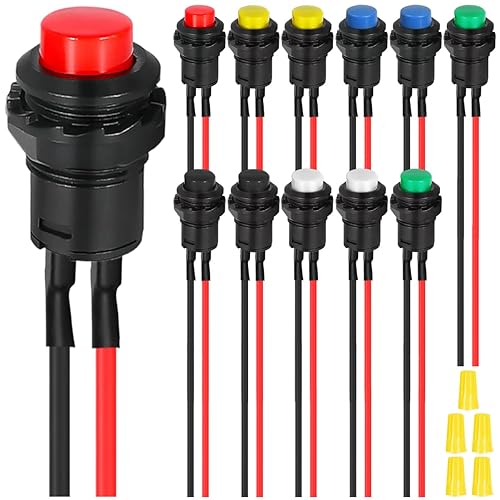 Vista 70 de 15 interruptores de botón redondos de 0.276 in rojo/verde, 1A, 250 V CA, 2 pines SPST ON OFF momentáneo, interruptor de botón con cables de terminal