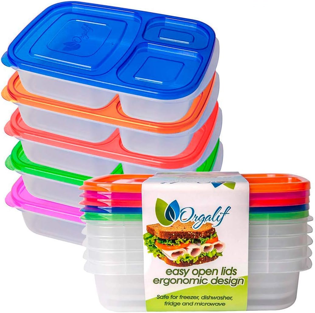 Orgalif Lunch Container for kids 3-Comparment Reusable Plastic Bento Lunch Box (Set of 5)