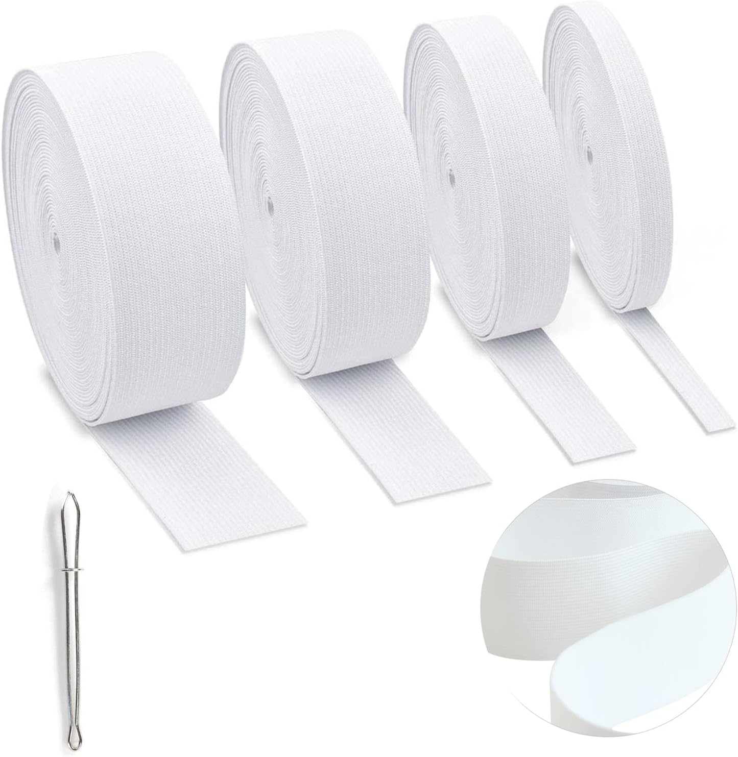 4 Rolls Elastic for Sewing, White Elastic Band Knit Elastic Spool High Elasticity 0.4/0.6/1/1.5 Inch in Width, 5.5 Yards/Roll for Waistband Pants Dress Swimwear Belt or Crafts DIY (White-4 Rolls)