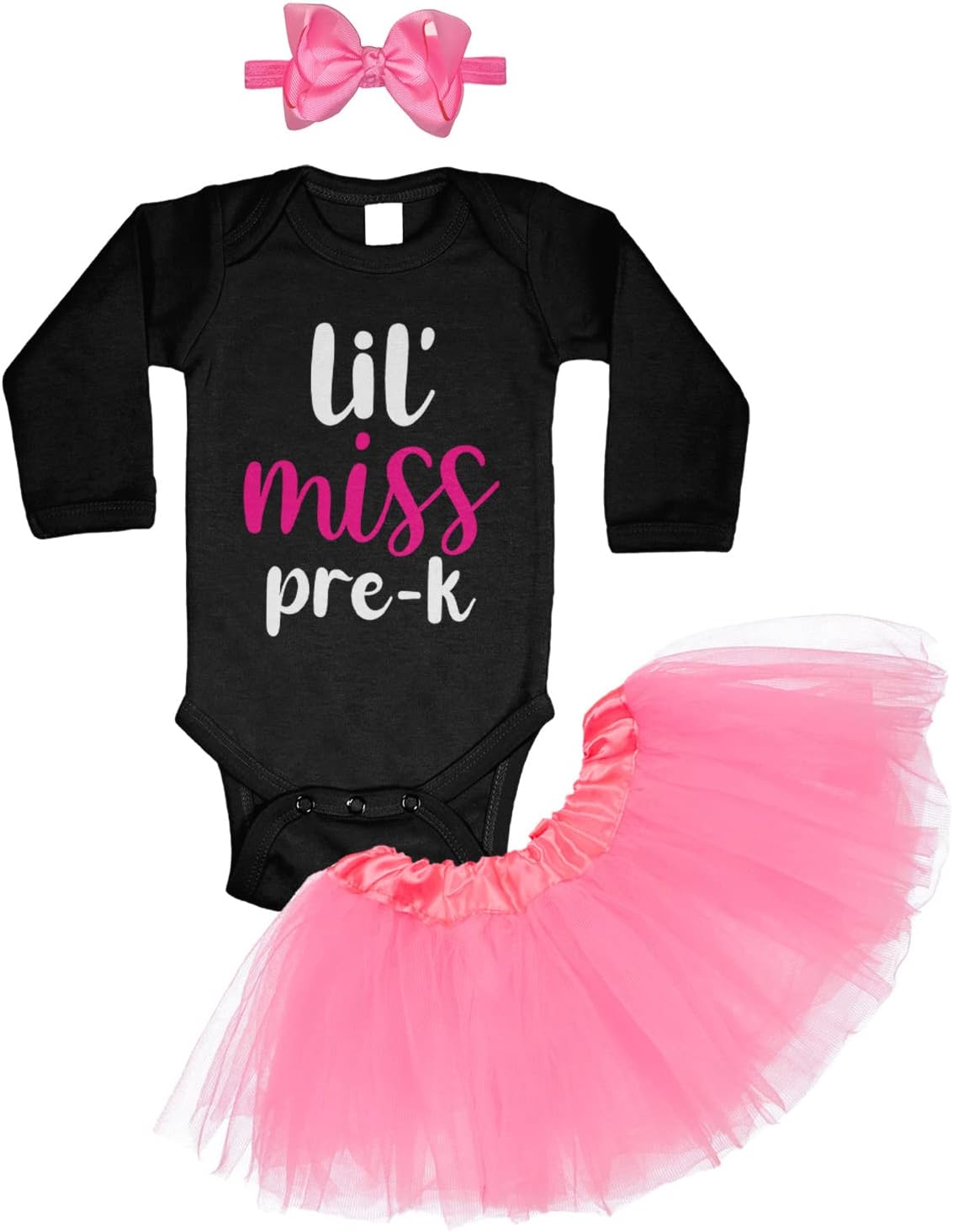 Lil Miss Pre-K - School Preschool Baby Bodysuit + Tutu Skirt + Bow Headband Set