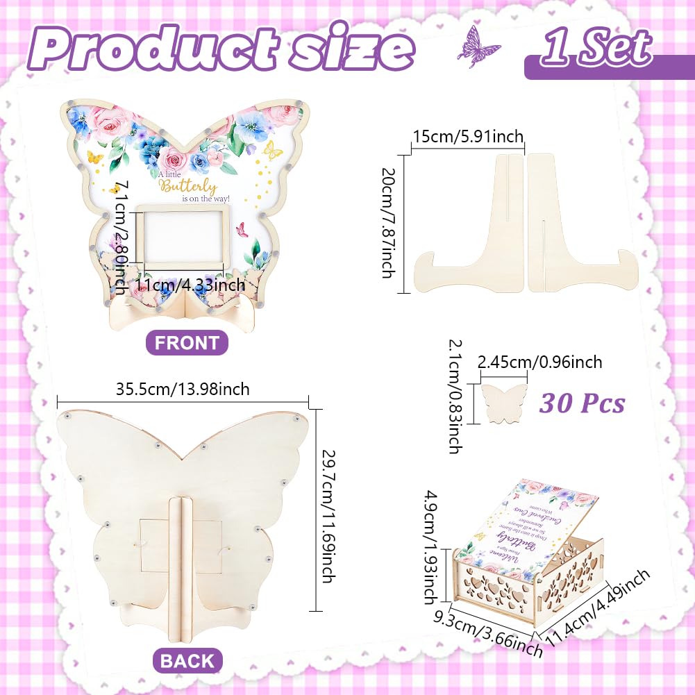 Peacoblue Gästebuch-Alternative für Babyparty 73-tlg Holz Schmetterling-Erinnerungsset mit Rahmen, Erinnerungsbox und Unterschriftsstücken Holzrahmen Taufe Alternative Gästebuch für Geburtstag