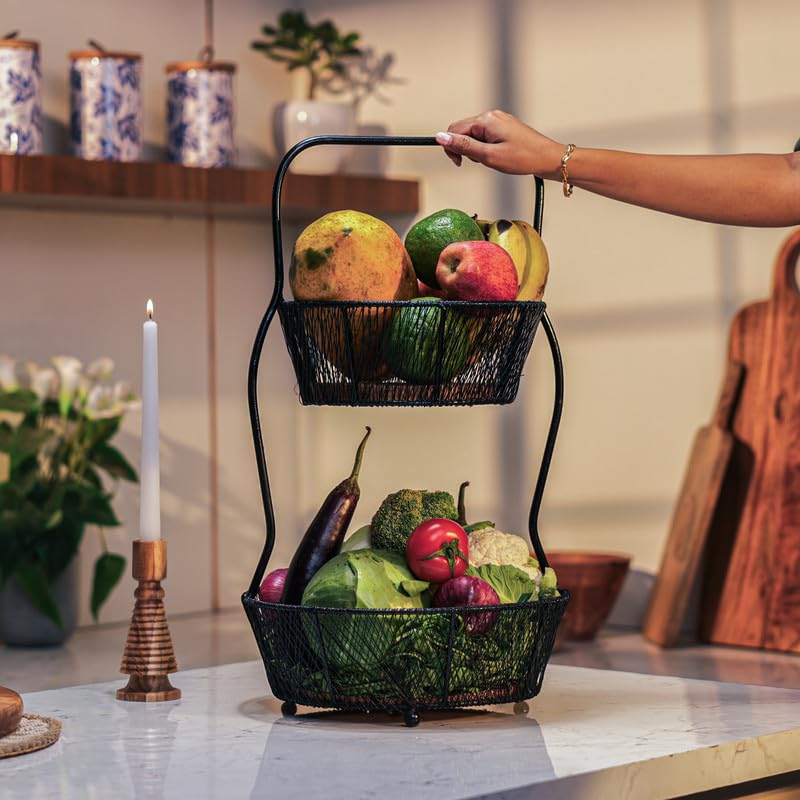 Image of Nest Multipurpose 2-Tier Storage Basket | Acacia Wood & Iron Handles | Wooden Storage Organizer | Kitchen, Living Room, Bathroom & Home Decor | Natural Finish