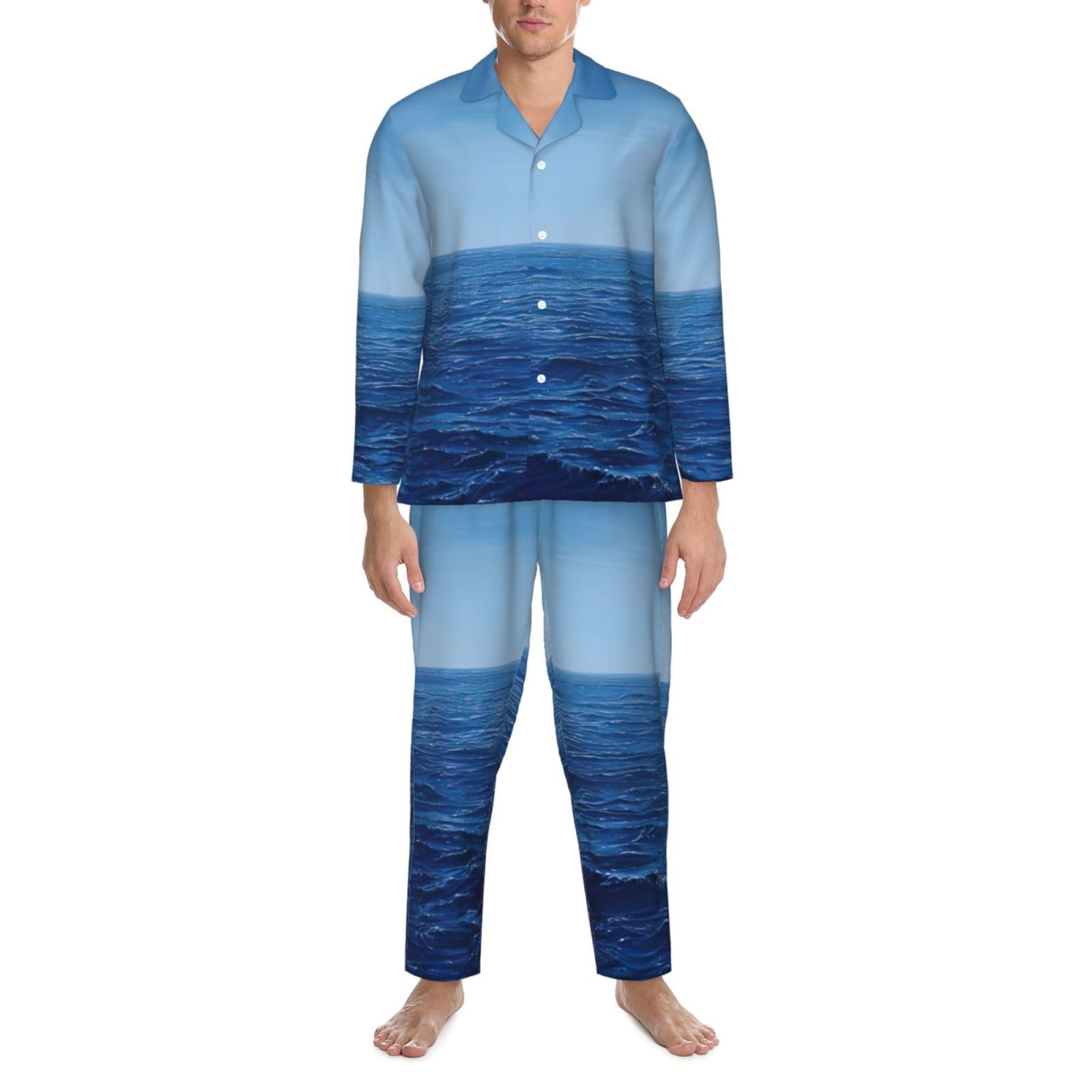 Pigiama a maniche lunghe da uomo con stampa oceano blu oceano mare set due pezzi abbigliamento da casa traspirante accogliente weekend