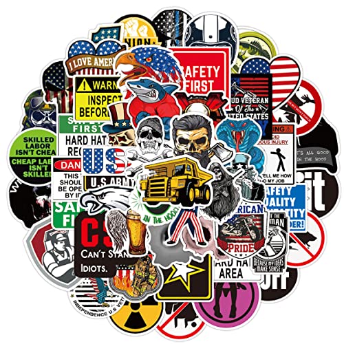 50Pcs Hard Hat Stickers Funny Vinyl Tool Box Sticker American Patriotic Helmet Decals Funny Stickers Decals for Tool Box Helmet Hardhat Construction Welding Union Iron Worker(Helmet A)