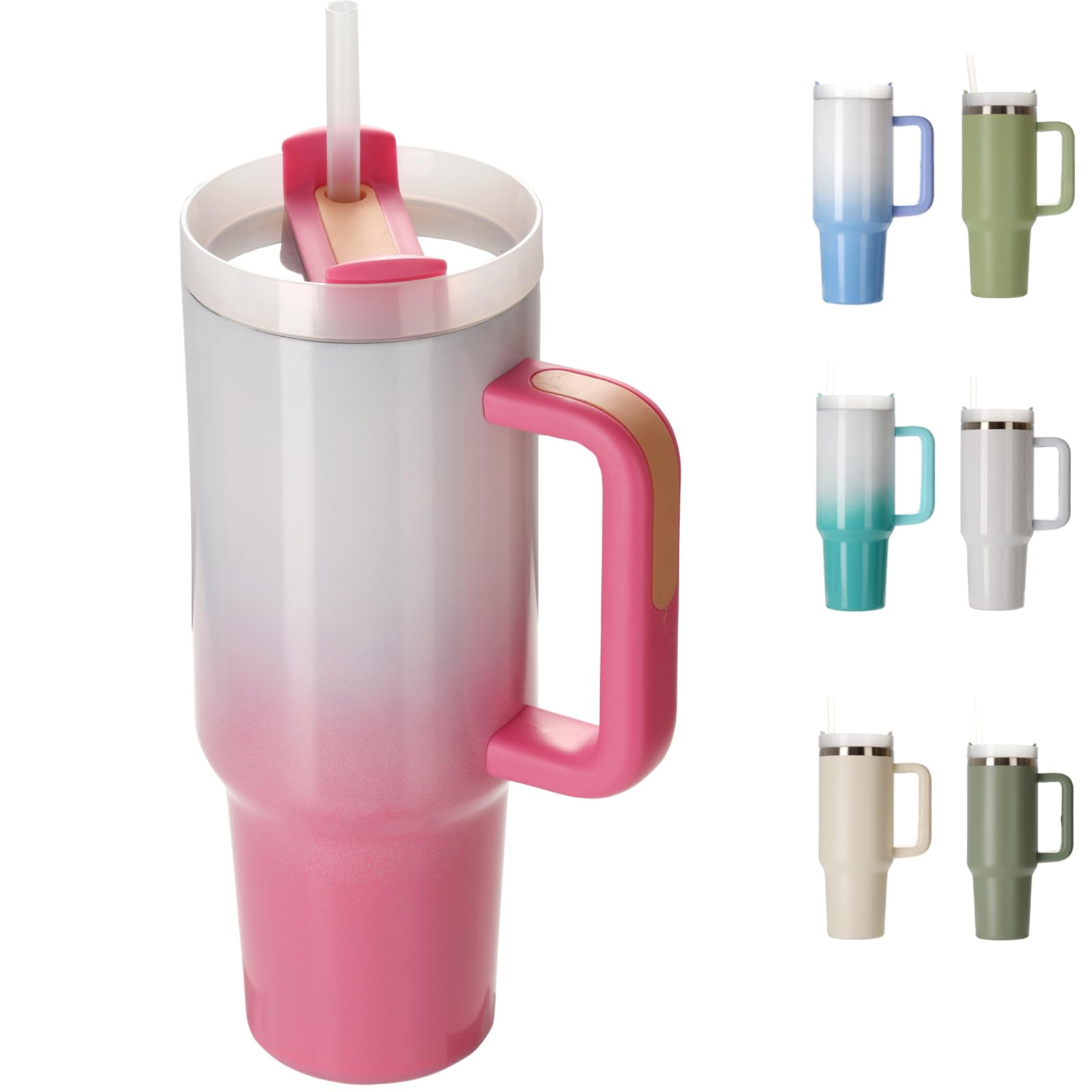 40 Oz Tumbler with Handle, Double Layer Leak-Proof Stainless Steel Insulated Travel Tumbler?With Leak-Proof Lid and Straws, Maintains Cold Heat and Ice for Hours (BAILV-33-GEN) (white&pink)